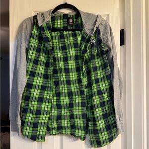 NFL Women's Green and Navy Plaid Button Down Shirt Seattle Seahawks M